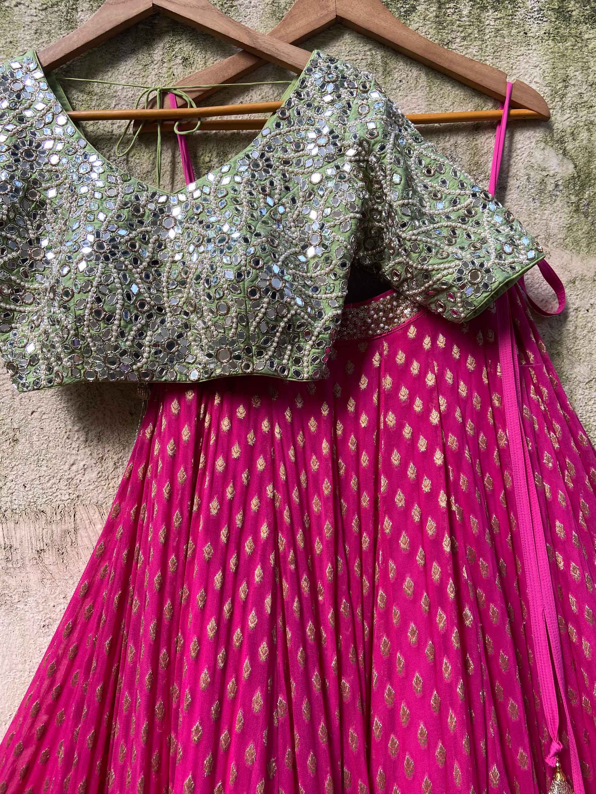 Fuchsia and Olive Green Zari Lehenga Set image 2