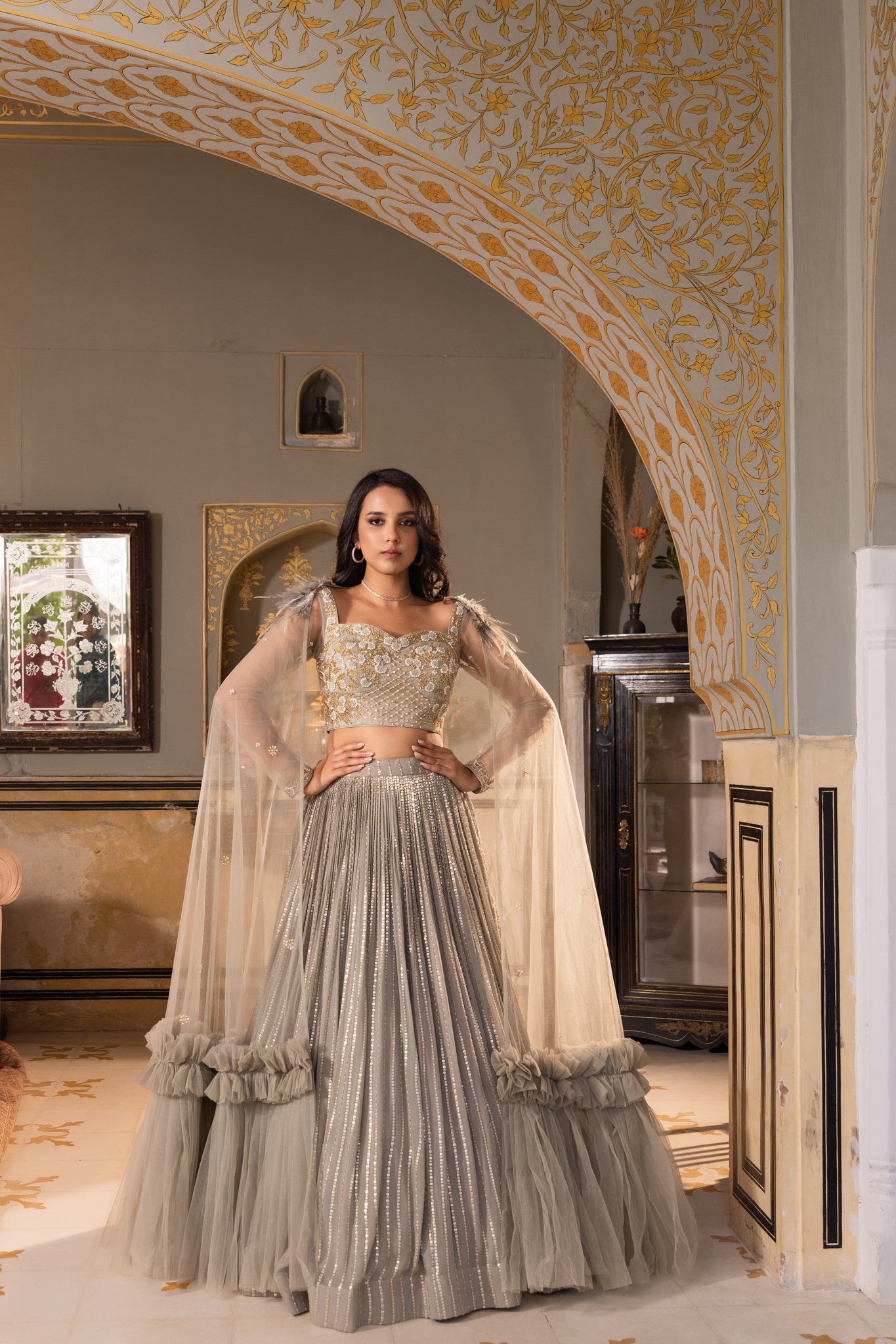 Grey Georgette Sequins Embroidered Blouse Lehenga Set image 1