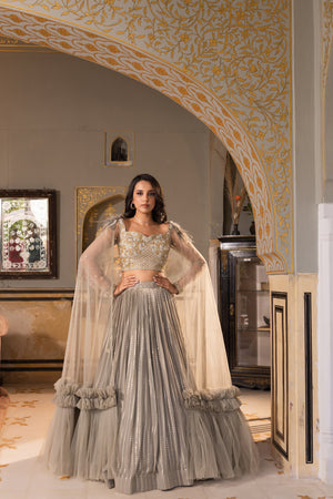 Grey Georgette Sequins Embroidered Blouse Lehenga Set image 1