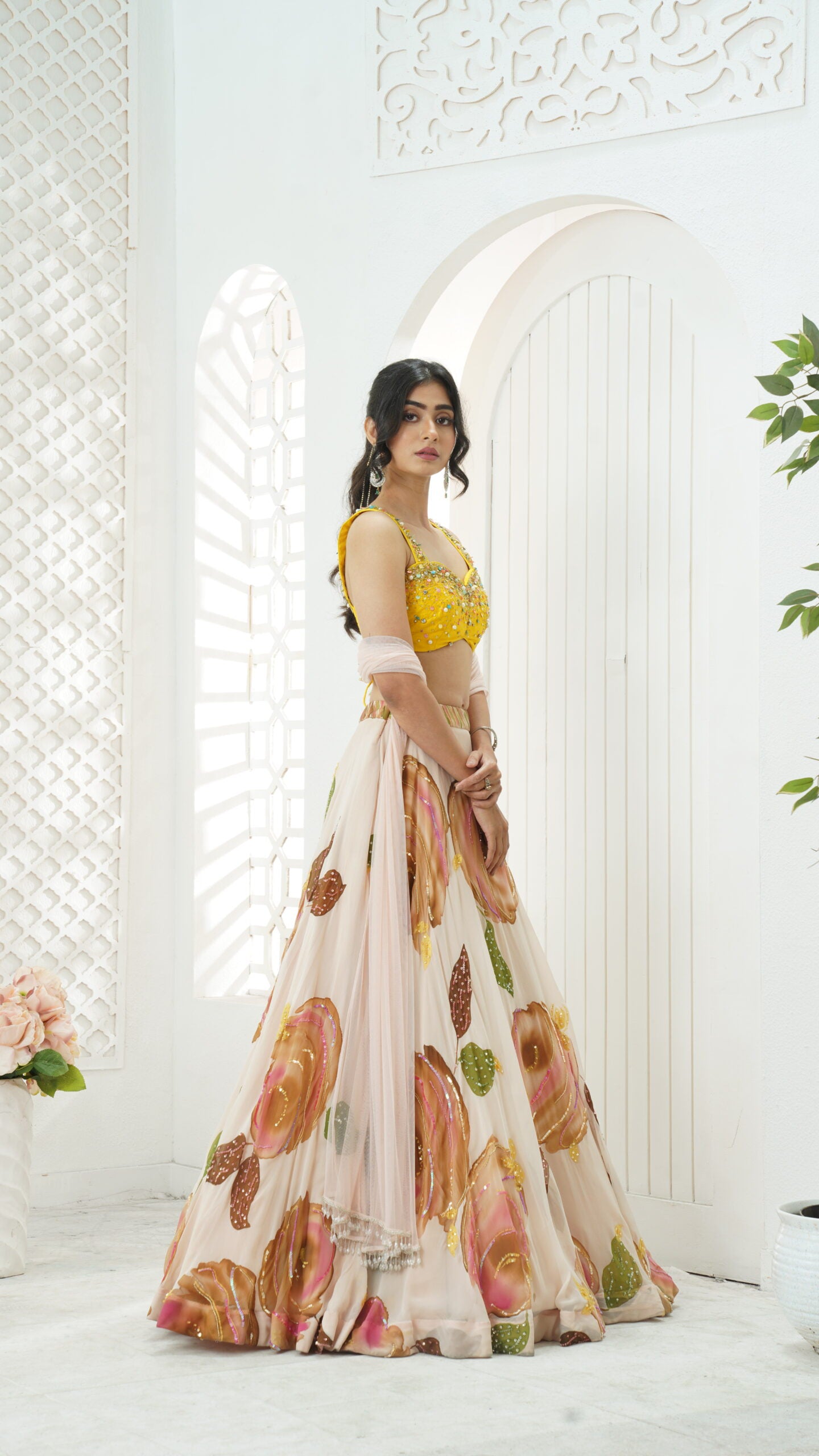 Baby Pink hand painted lehenga and embroidered  Yellow blouse set image 4
