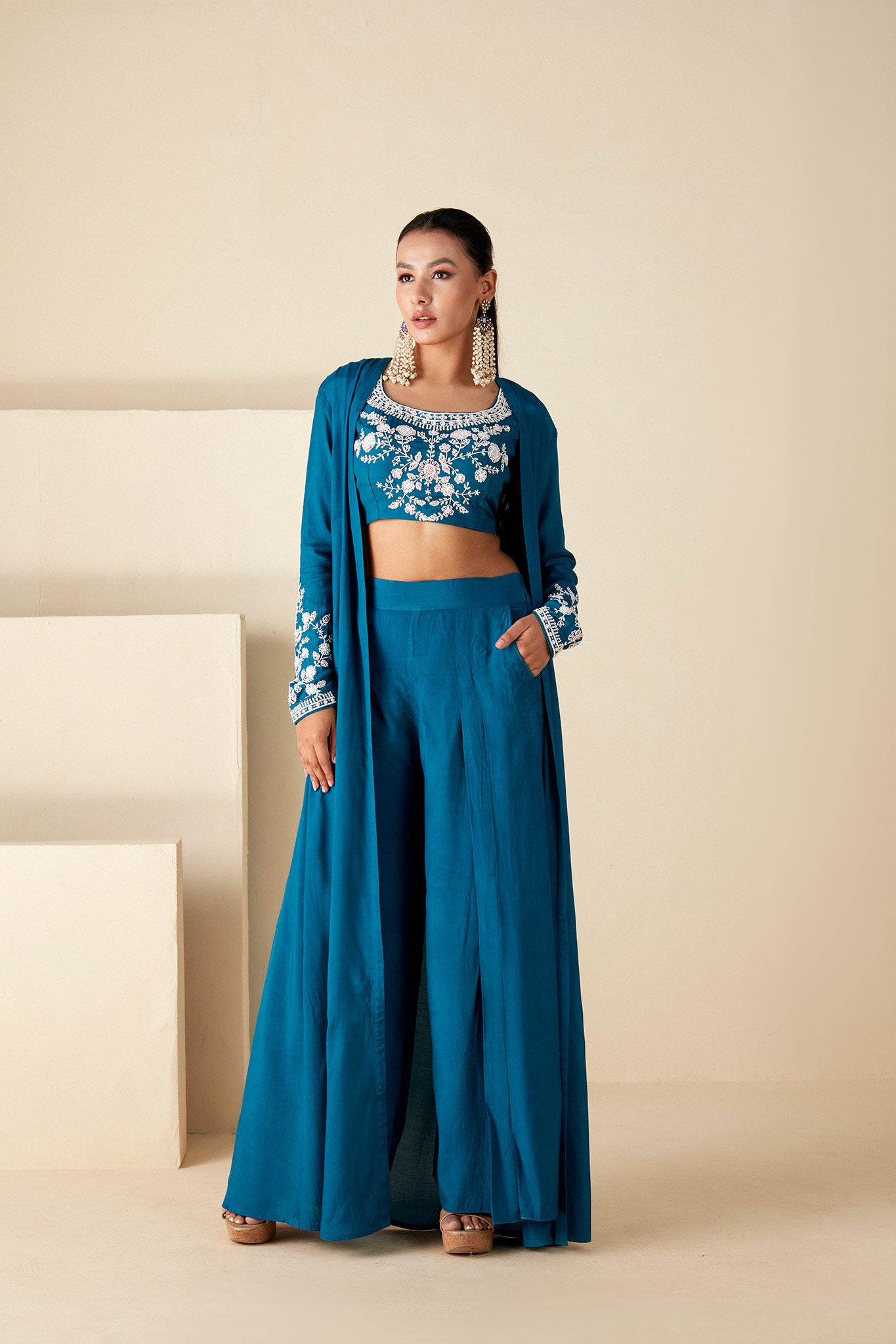 Hand-Embroidered Floral Jacket Pants Set image 0