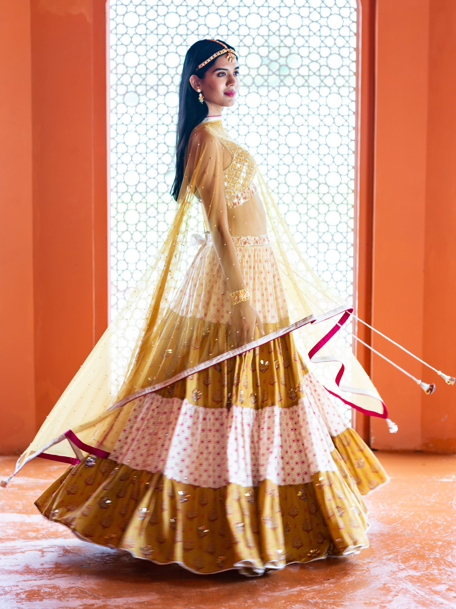 Mustard and Ivory Tiered Lehenga Set image 3