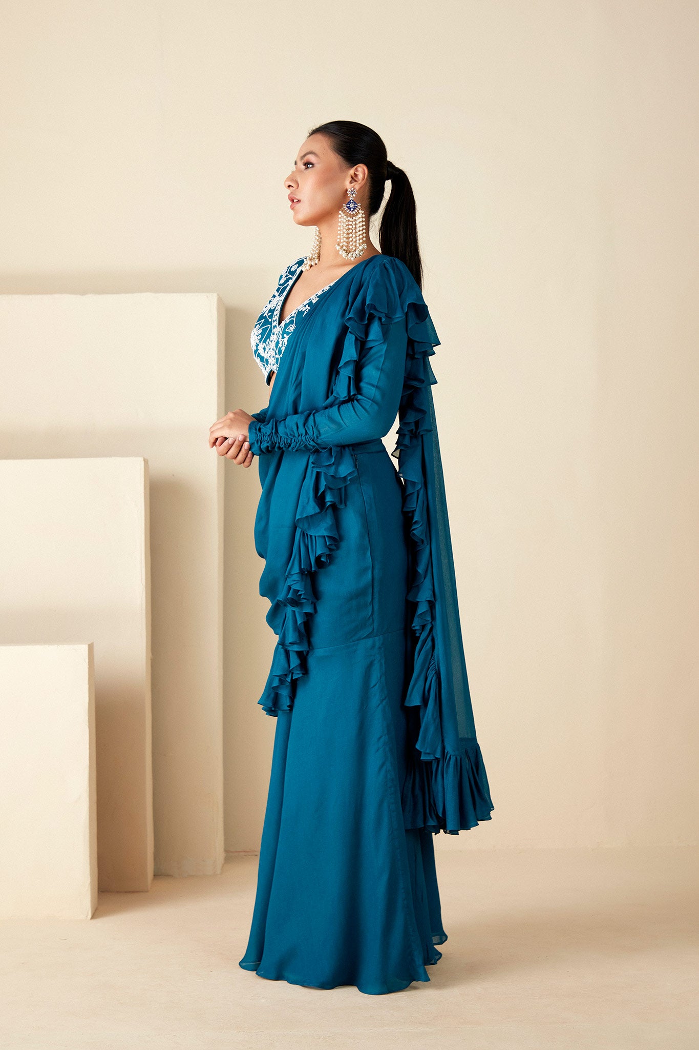Teal Blue Ruffle Pant Saree image 5