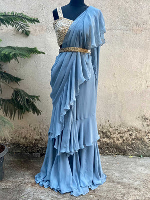Blue Ruffle Saree - L image