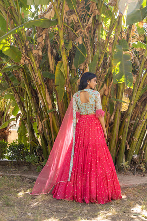 Coral Flair Sleeve Georgette &amp; Net Embroidered Lehenga Set image 10