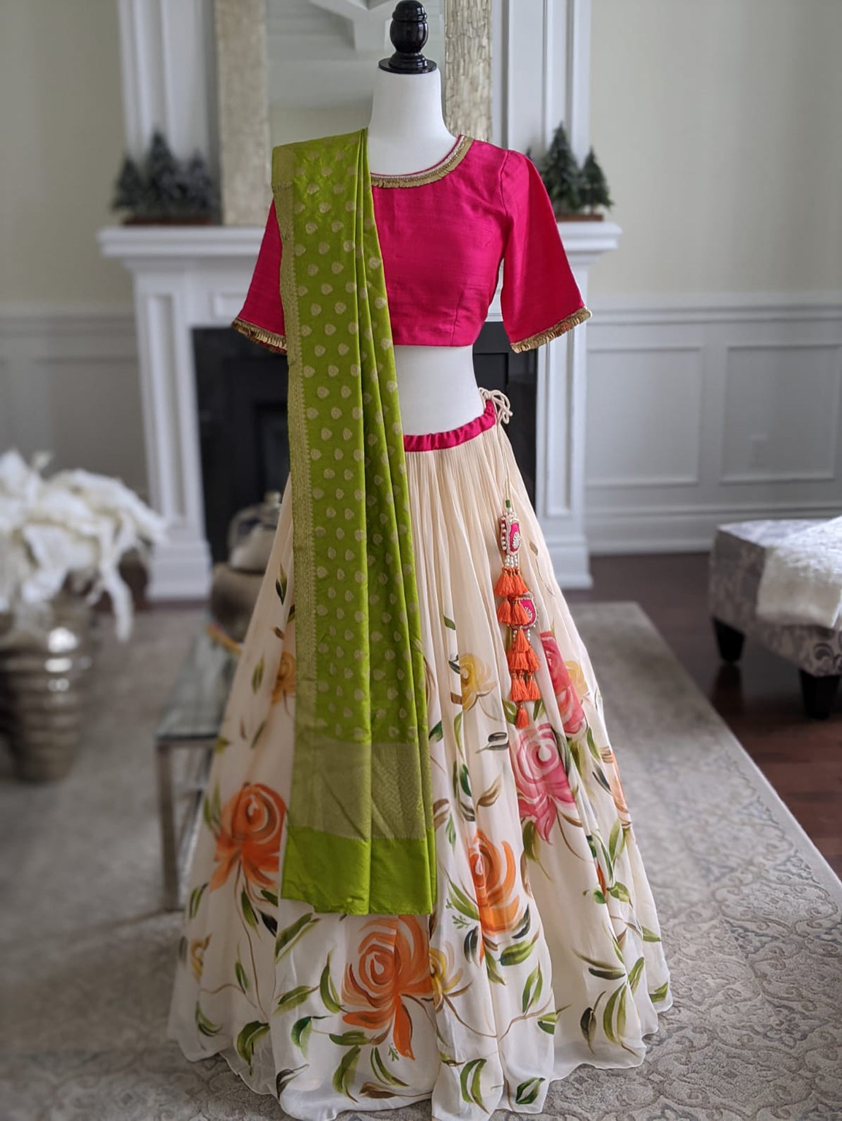 Ivory Floral Lehenga with Fuchsia Blouse - S image