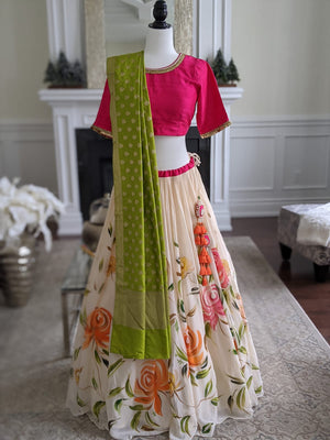 Ivory Floral Lehenga with Fuchsia Blouse - S image