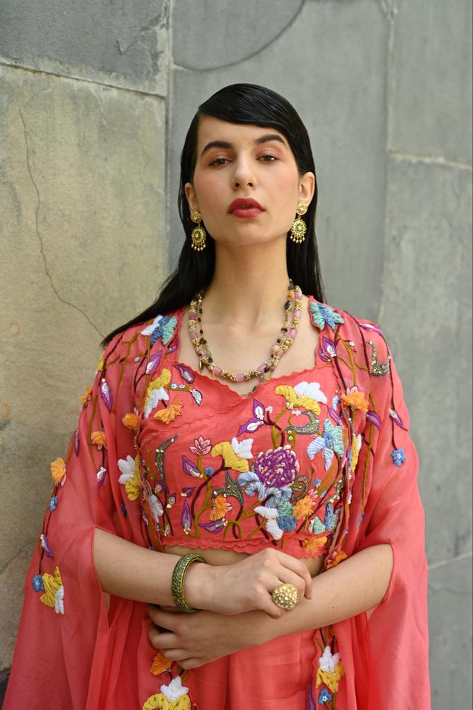 Coral Embroidered Bell Bottom Pant With Crop Top and Cape image 2