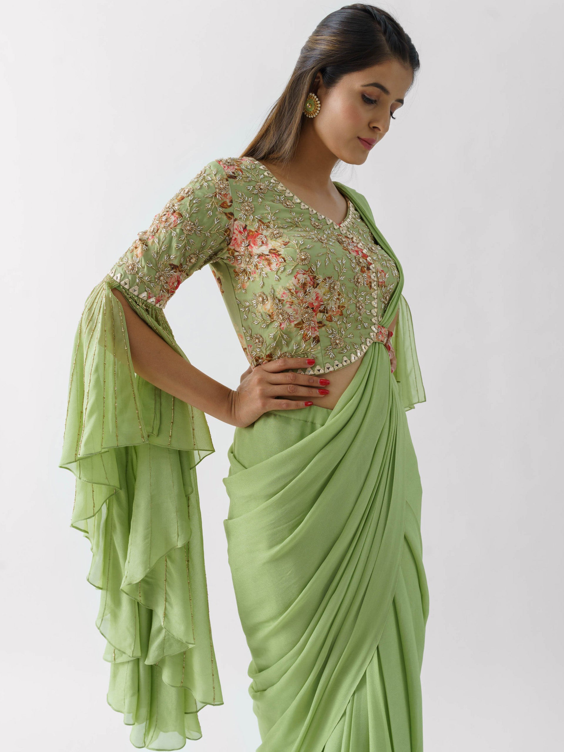Green Pre Drape Saree Set image 2