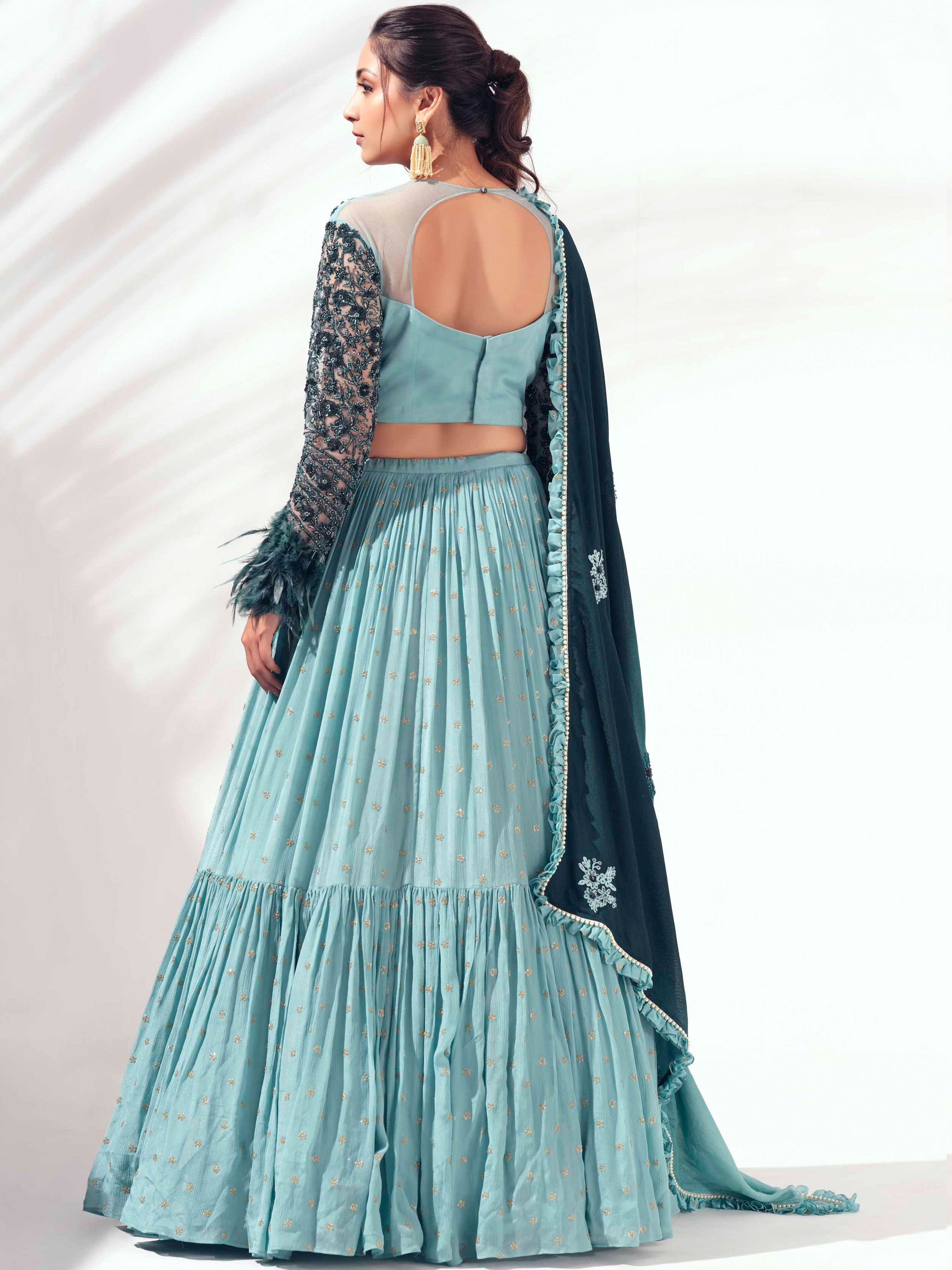 Green Self Embroidered Lehenga Set image 3