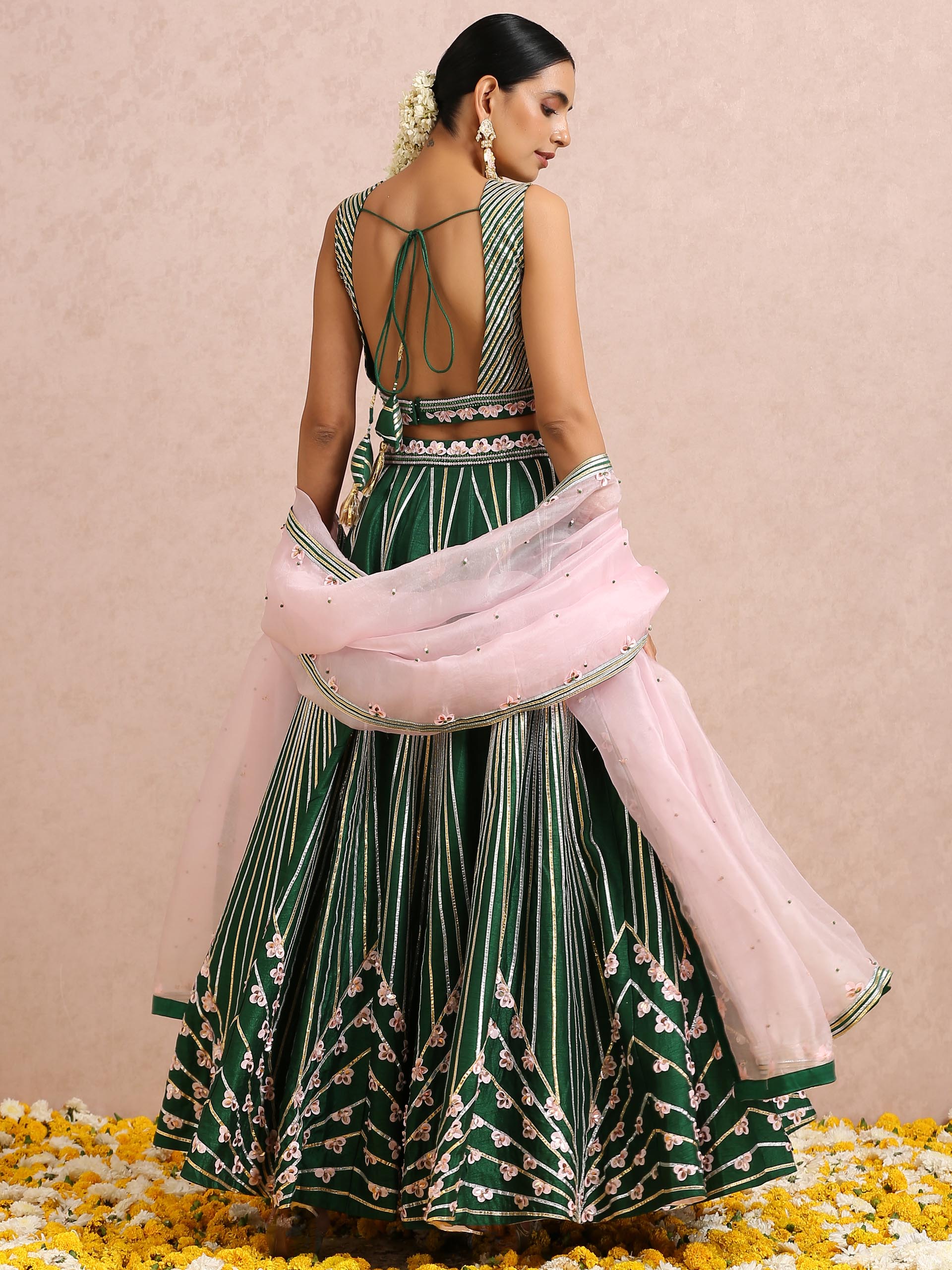 Green Embroidered Stripe Lehenga Set with Sleeveless Blouse image 6