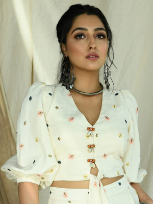 Off-White Leaf Embroidered Pallazo Co-ord Set image 1