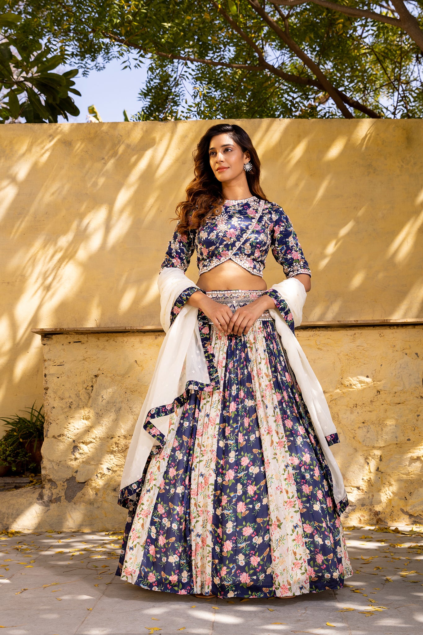 Navy Blue &amp; Off-White Floral Georgette Crepe Embroidered Lehenga Set image 7