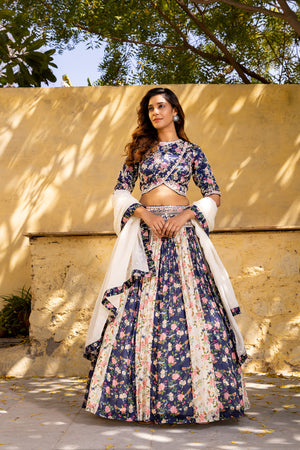 Navy Blue &amp; Off-White Floral Georgette Crepe Embroidered Lehenga Set image 7