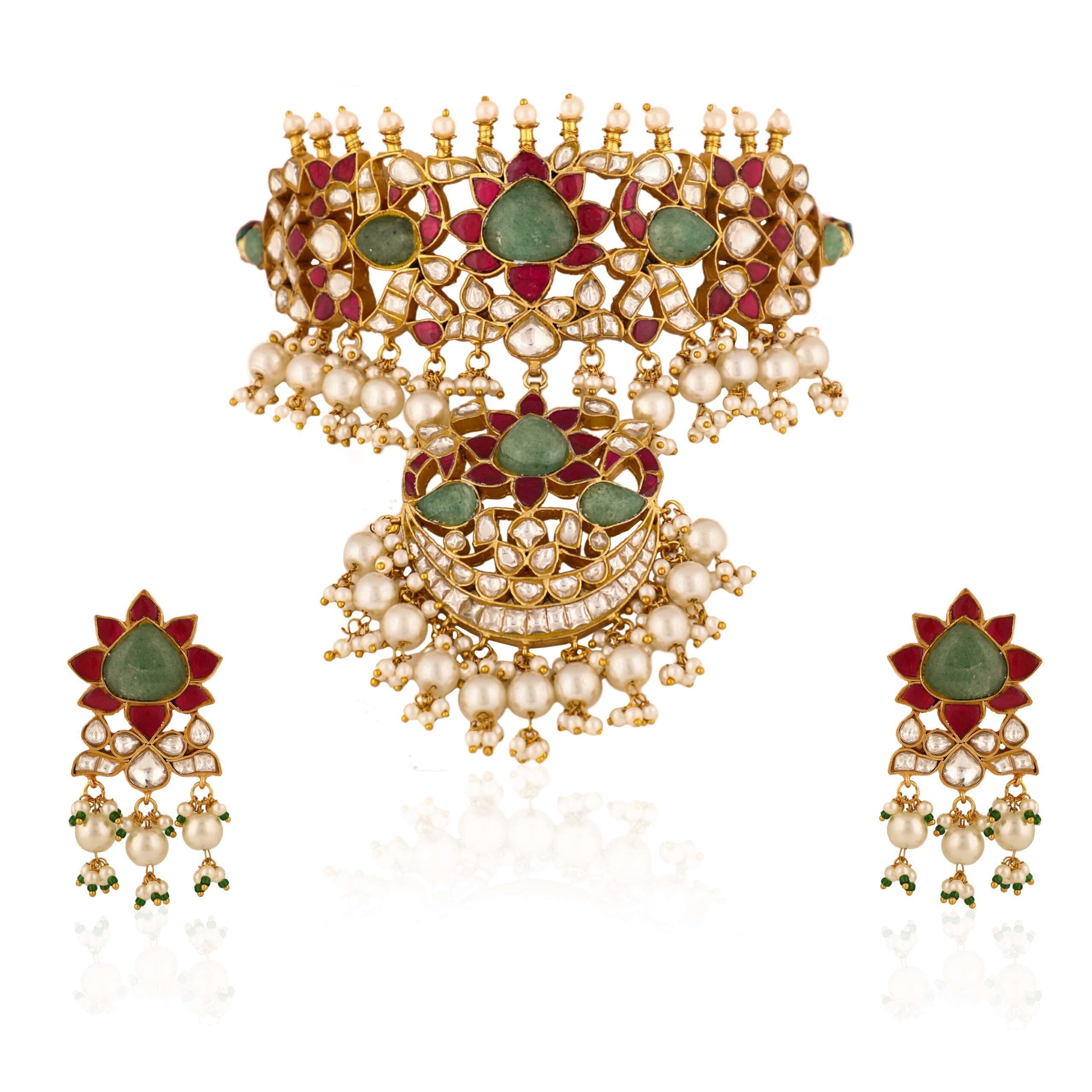Gold Plated Pink And Green Choker Set image 3