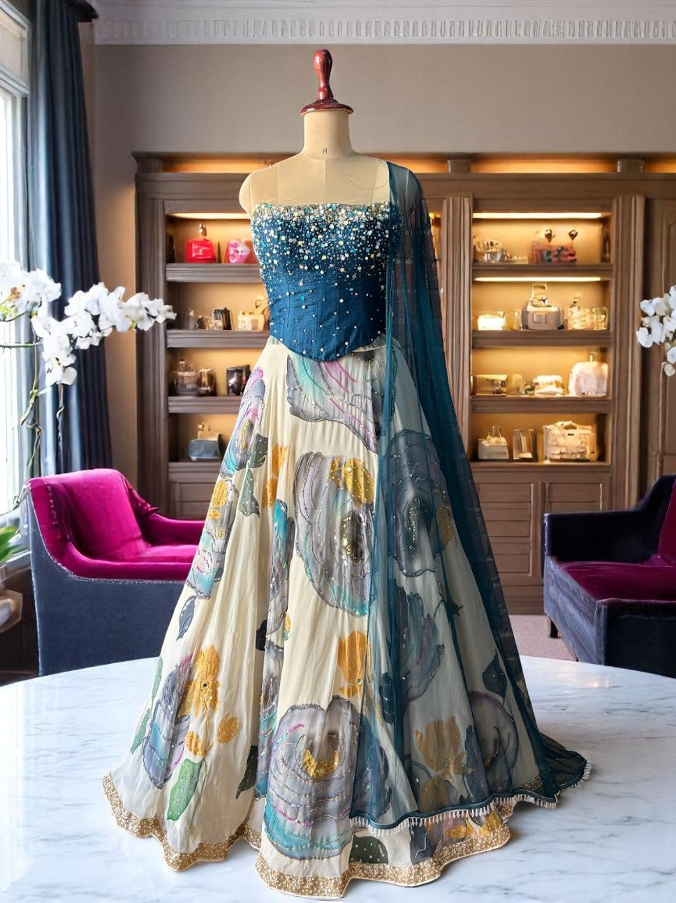Off White and Blue Corset Lehenga Set image 0