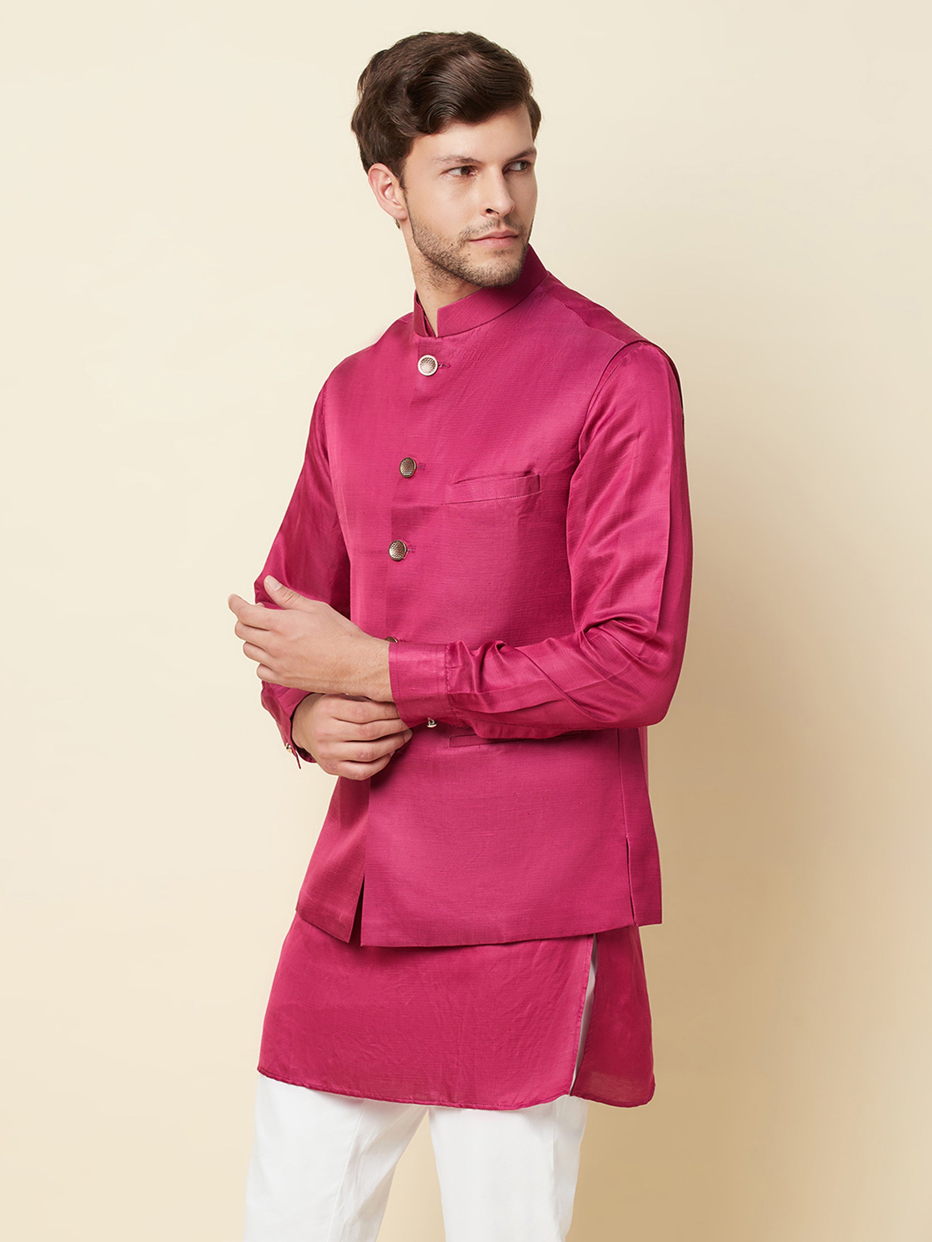 Dark Pink Bundi Jacket with Kurta Set image 4
