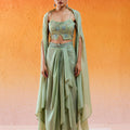 Pista Green Embroidered Drape Skirt Set with Cape image 0