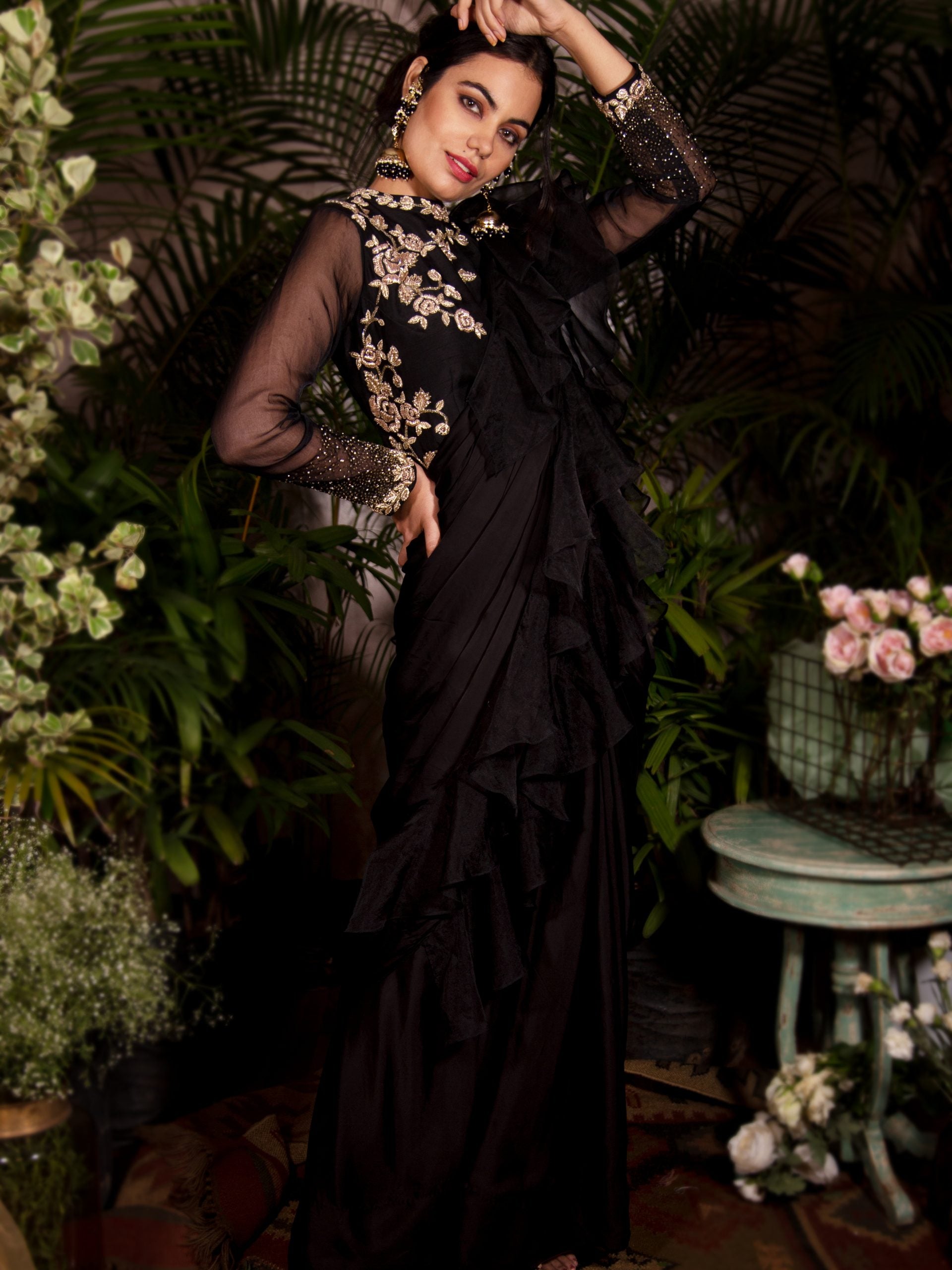 Black Ruffle Pre-Stitched Saree - S image
