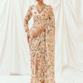 Floral White Printed Embroidered Drape Saree  Set image 0