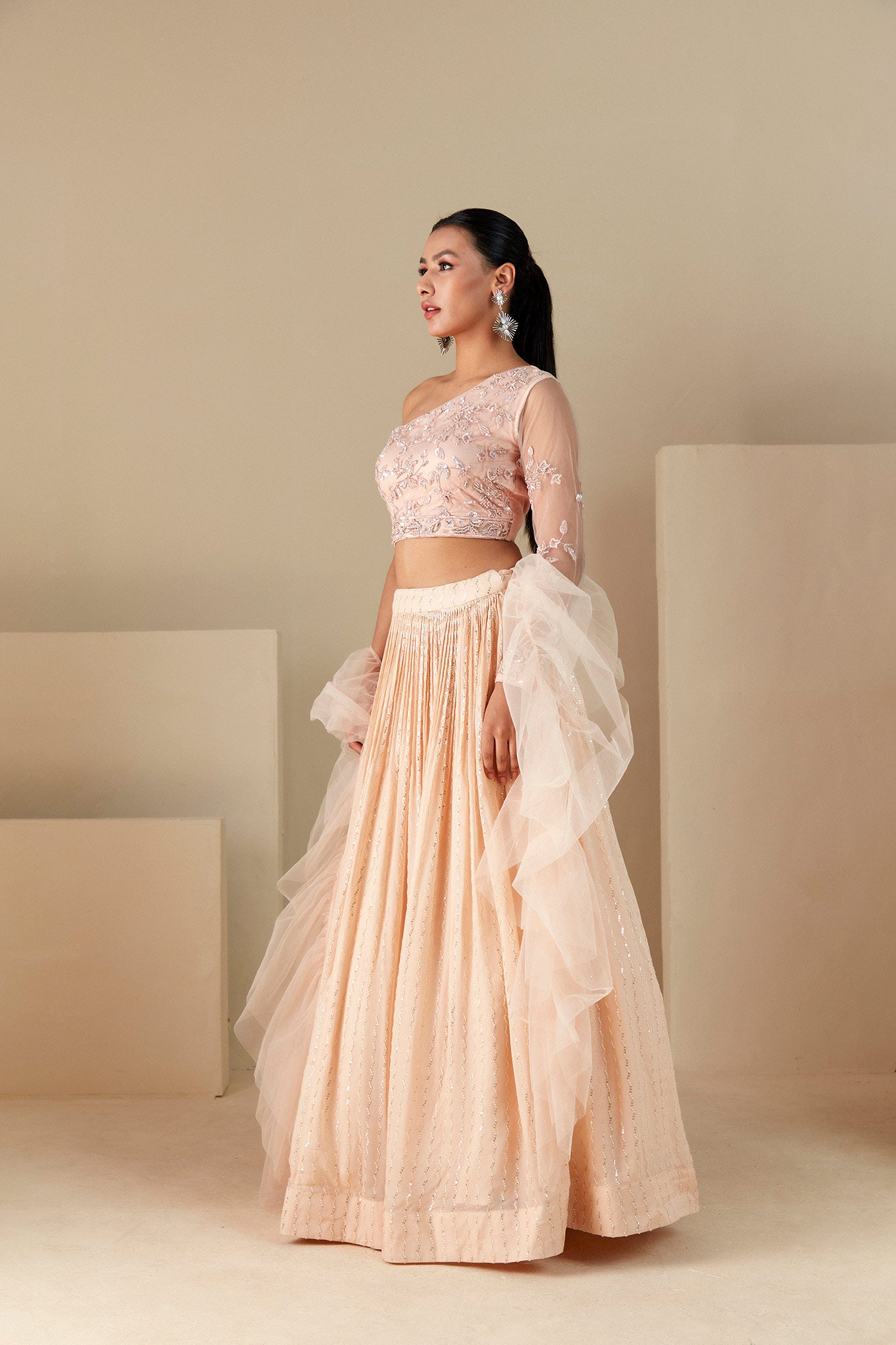 Peach Georgette One Shoulder Lehenga Set image 3