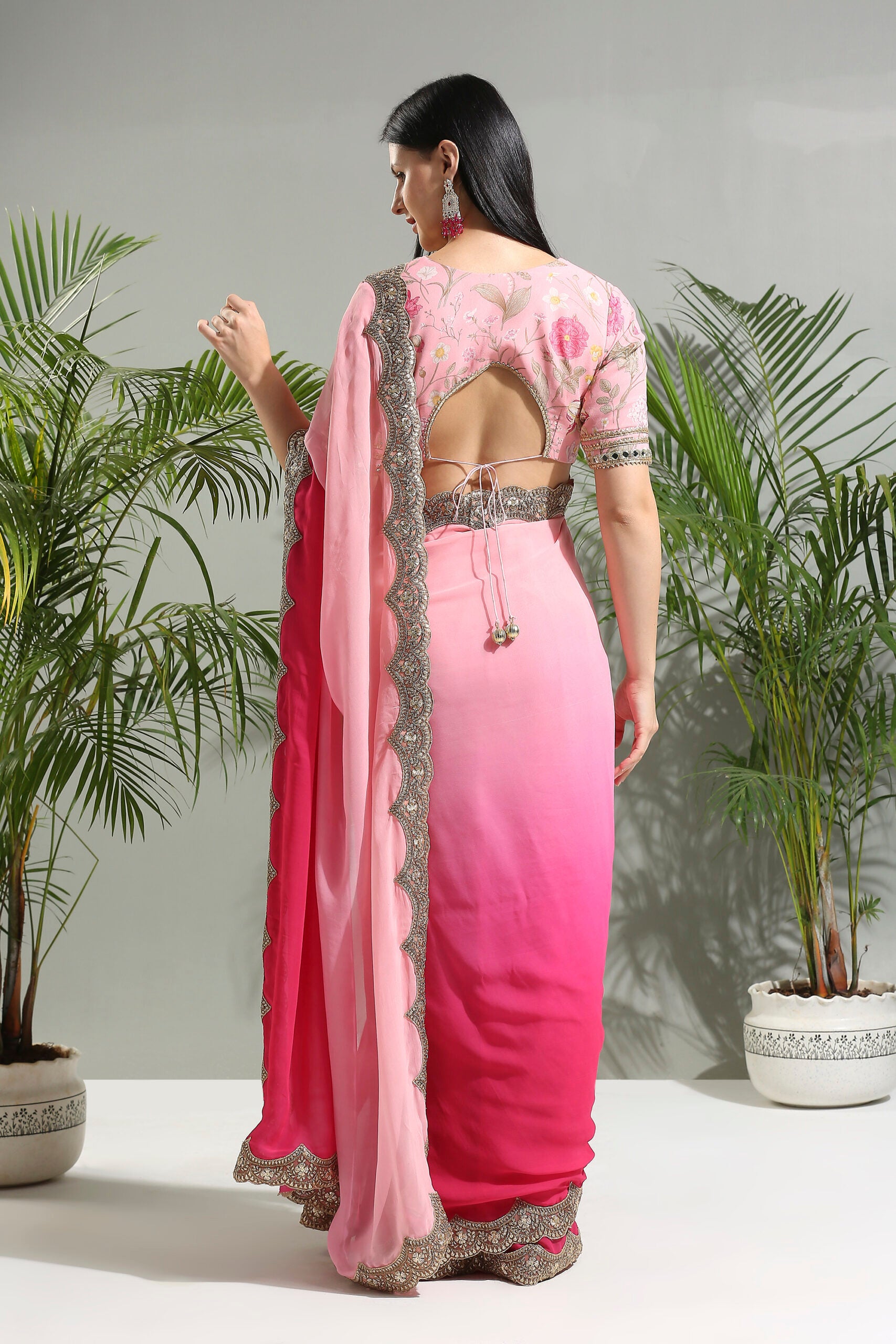 Pink Shaded Saree With Floral Blouse image 2