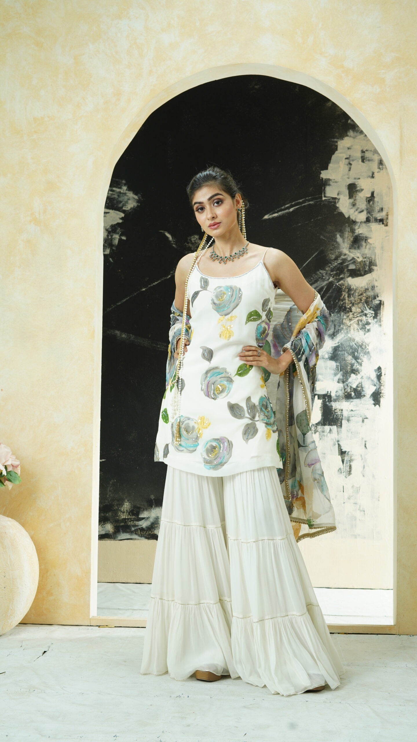 Ivory hand painted slip kurta and sharara set image 6