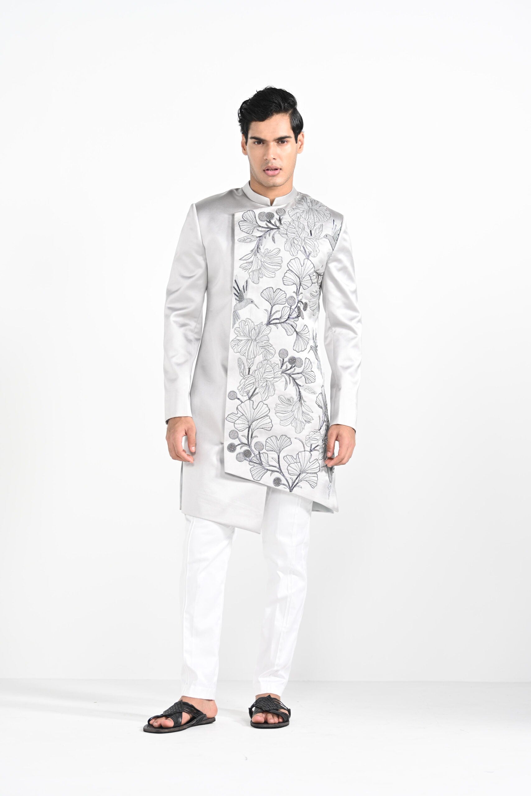 Barely Grey Satin Achkan Set image 12