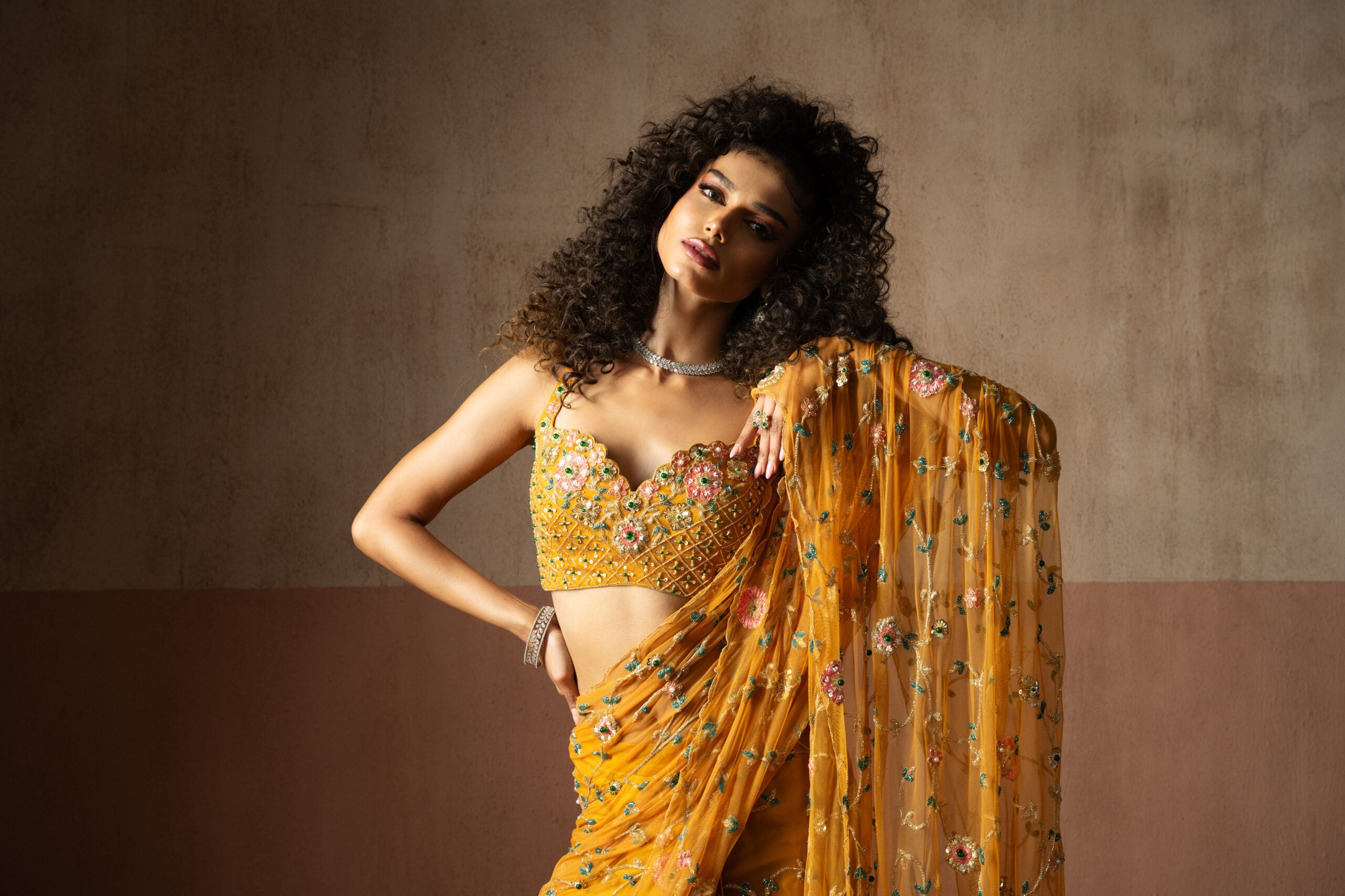 Pre Draped Mustard Yellow  Hand Embroidered Net & Georgette Saree image 1