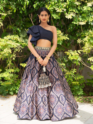 Navy Blue Kaya Printed Lehenga Set - L image