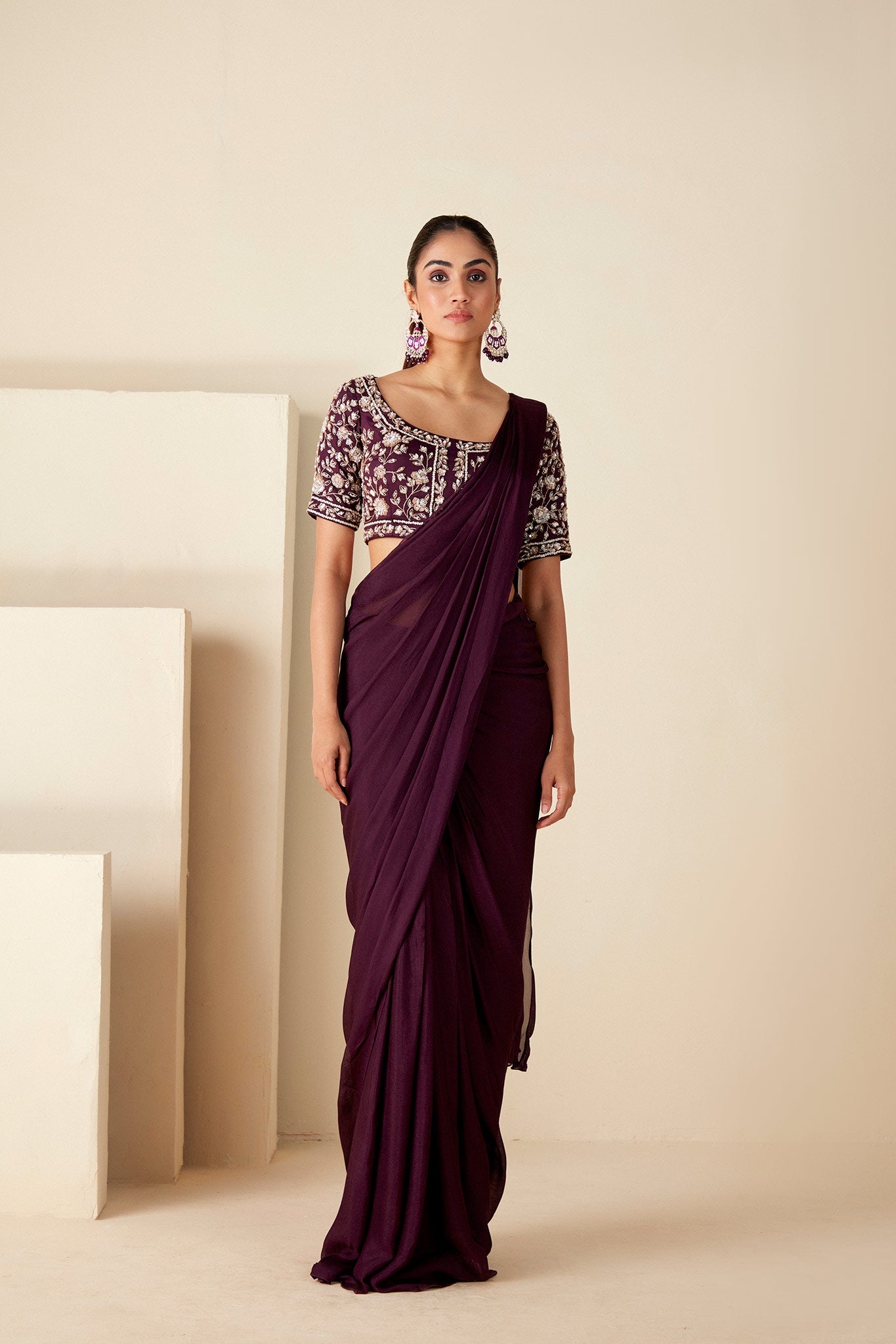 Wine Georgette Pre-Drape Saree - Custom image