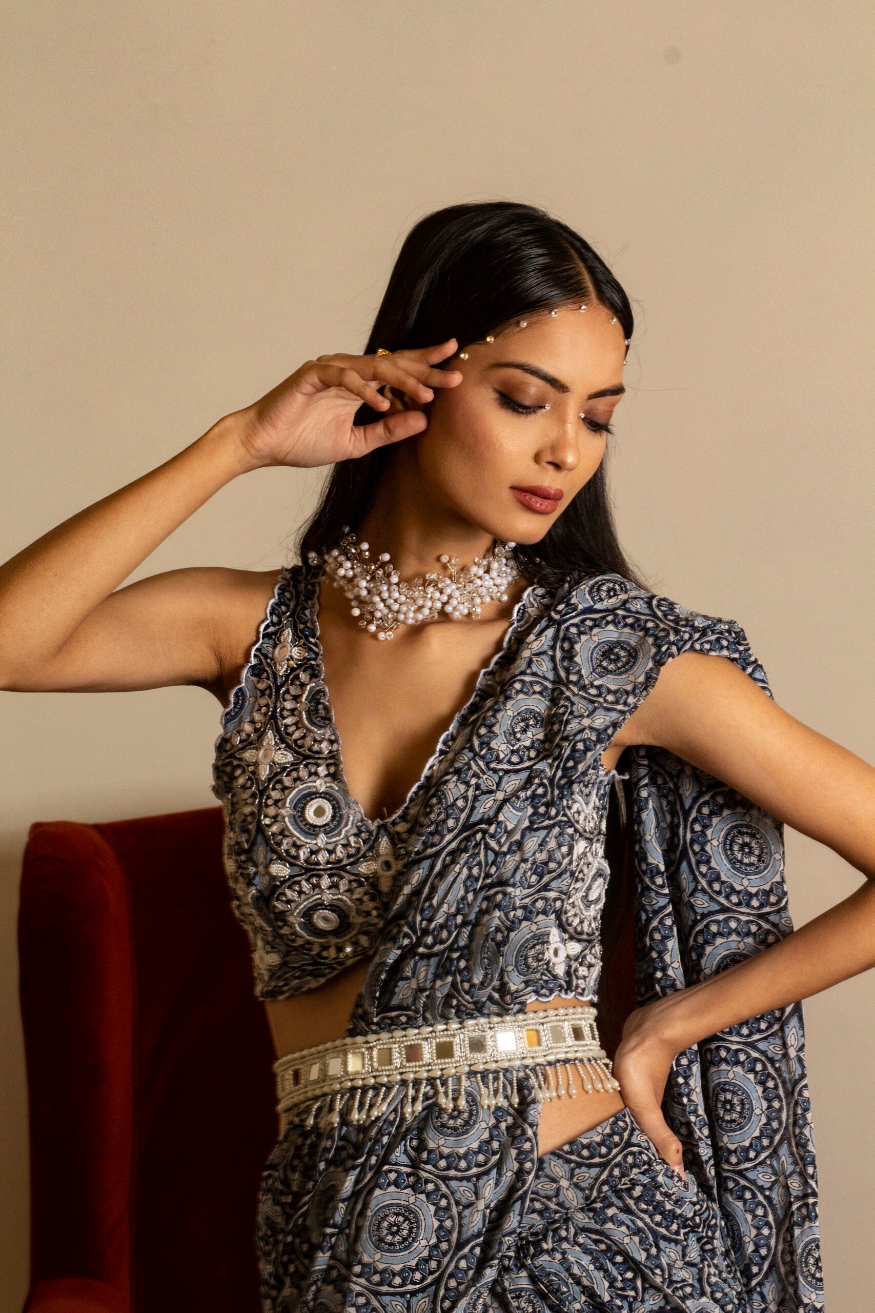 Blue Printed Skirt Saree Set with Belt image 4