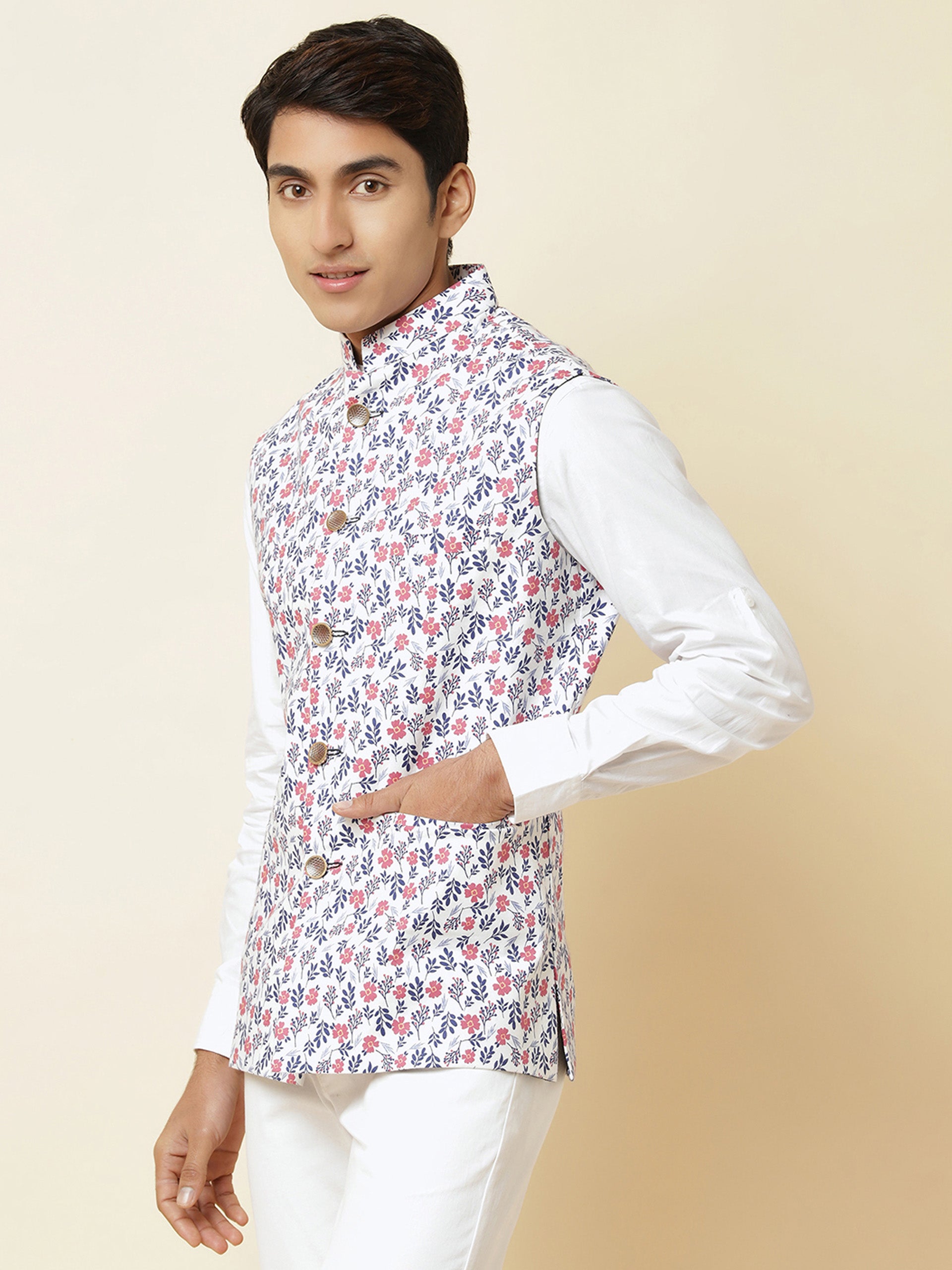 White Floral Print Bundi Jacket image 3