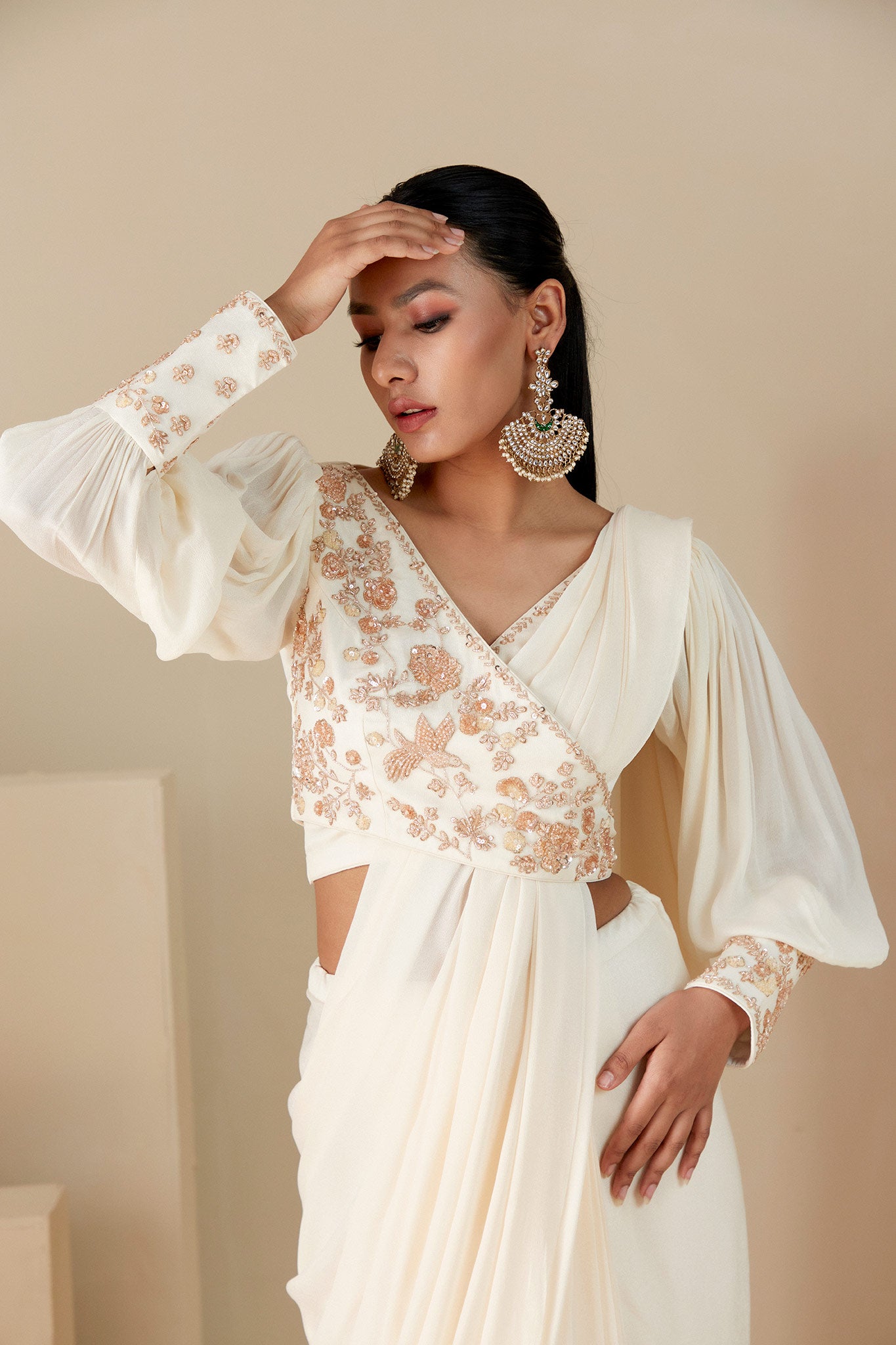 Off-White Ruffle Saree image 2