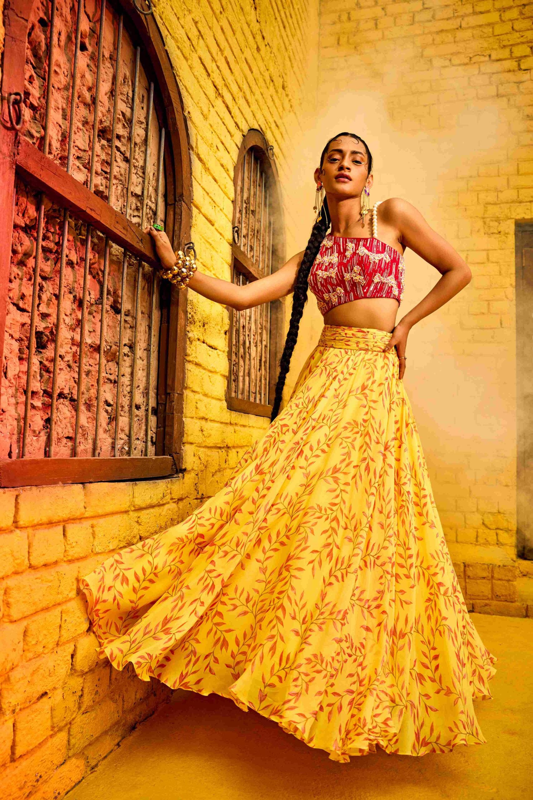 Hot Pink One-shoulder Top With Printed Skirt In Georgette - S image