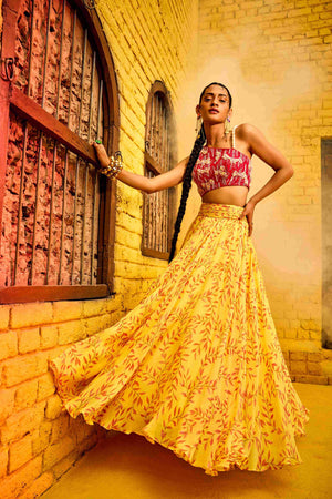 Hot Pink One-shoulder Top With Printed Skirt In Georgette - S image