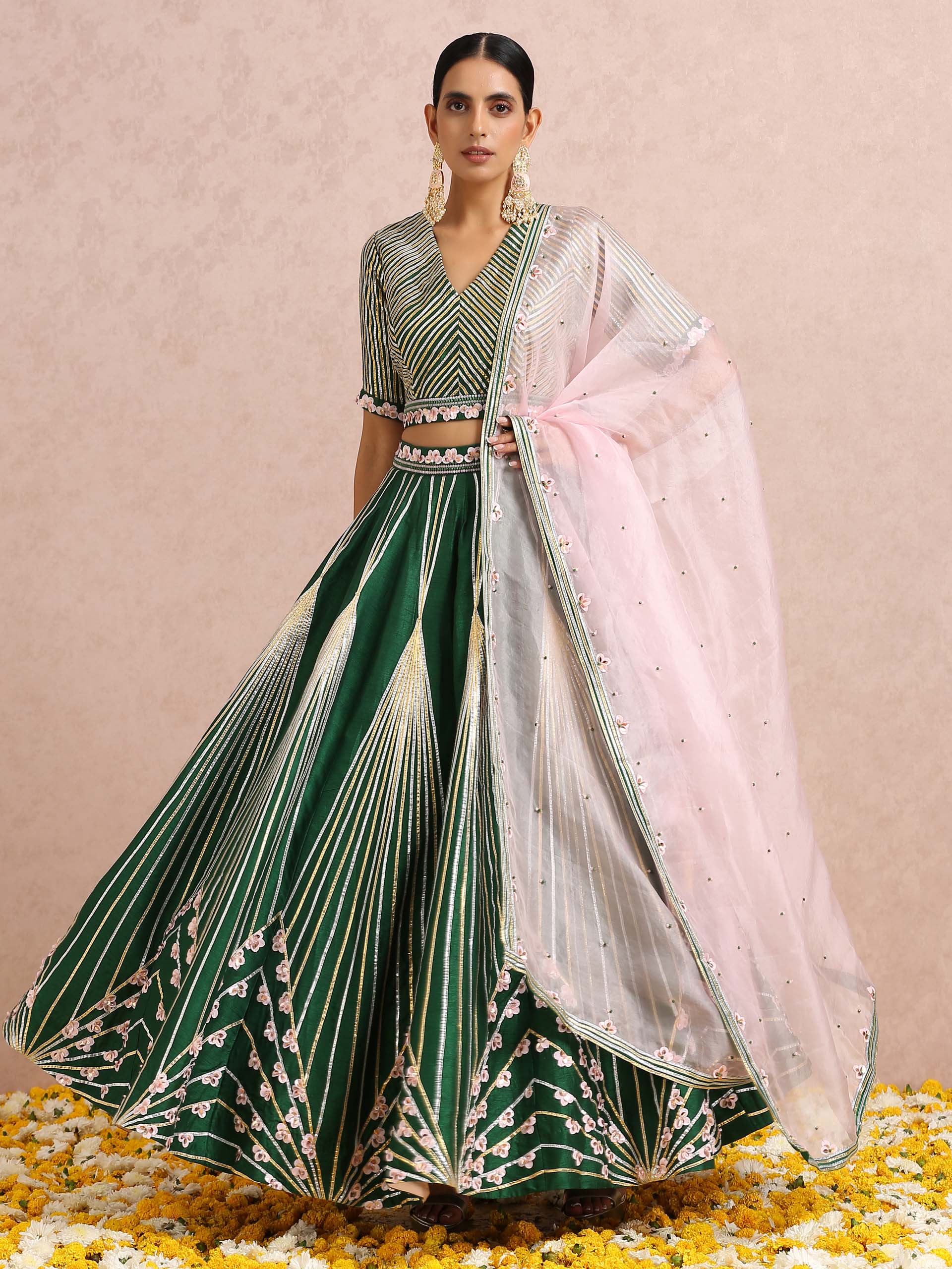 Green Embroidered Stripe Lehenga Set - S image