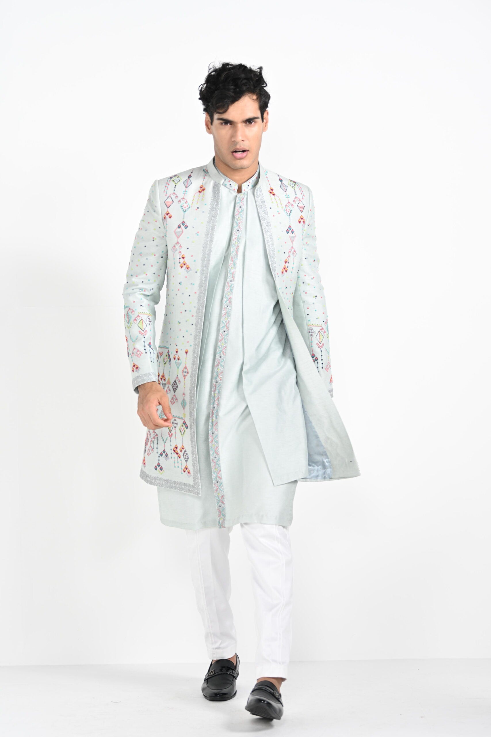 Ice Blue Multicoloured Geometric Motif Achkan Set image 11