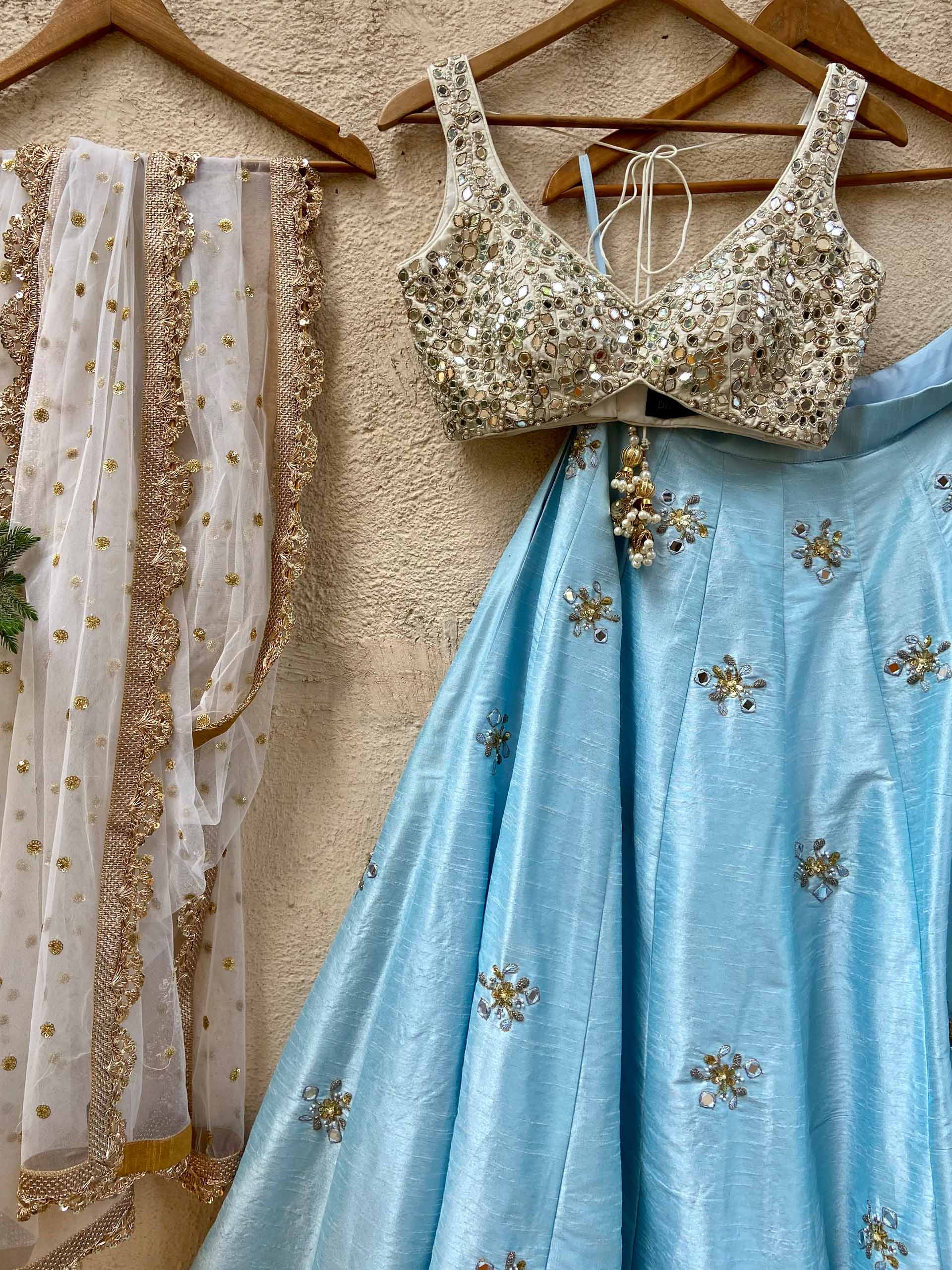 Aqua Blue and Ivory Mirror Ruffle Lehenga Set image 3