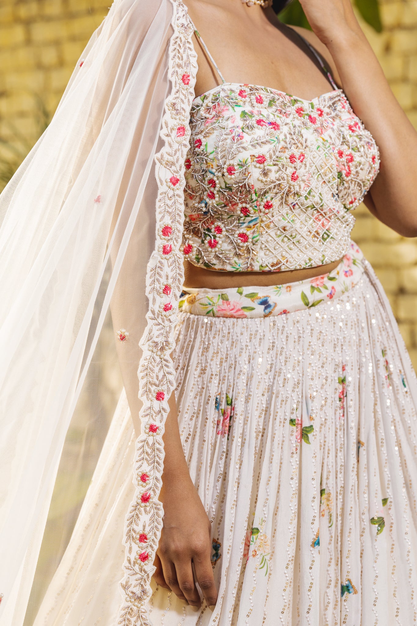 Off-White Georgette Crepe Embroidered Lehenga Set image 1