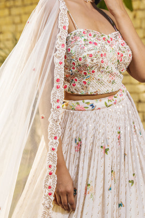 Off-White Georgette Crepe Embroidered Lehenga Set image 1