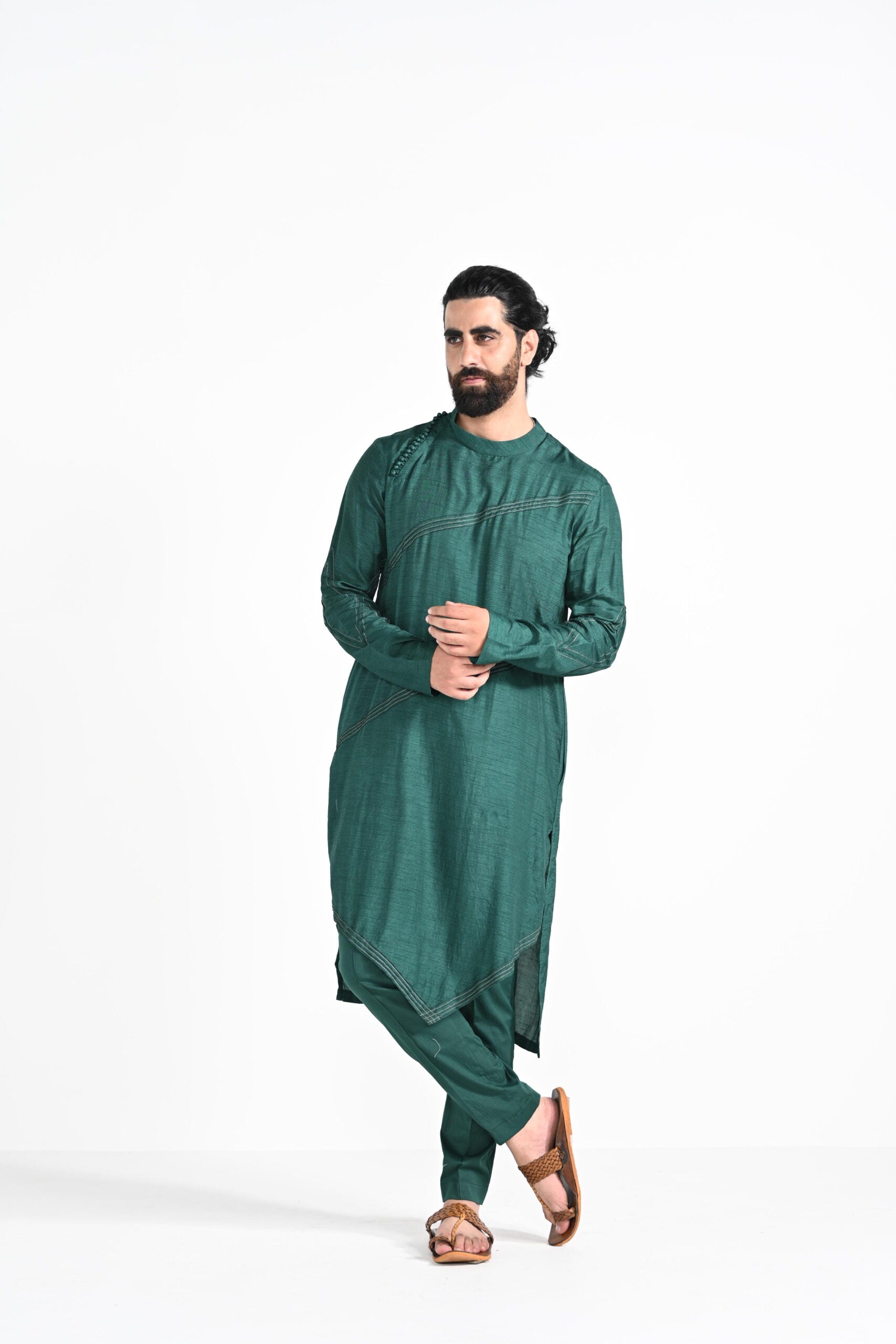 Bottle Green Jhaal Work Nehru with Zari Stitchline Detail Kurta Set image 6