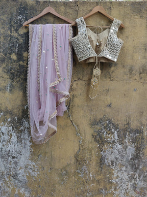 Dust Pink Net Saree with Pearl and Mirror Work Blouse image 2