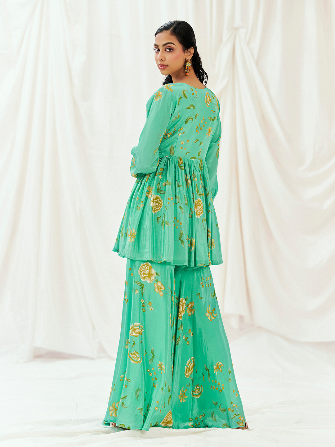 Turquoise Blue Printed Embroidered Peplum Sharara Set image 2