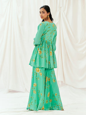 Turquoise Blue Printed Embroidered Peplum Sharara Set image 2