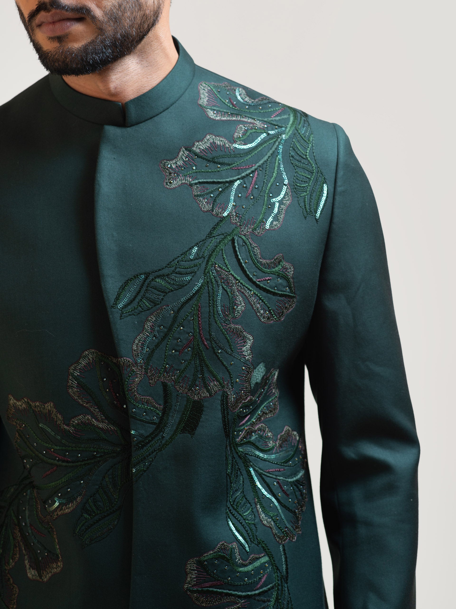Green Asymmetric Achkan Coat Set image 1
