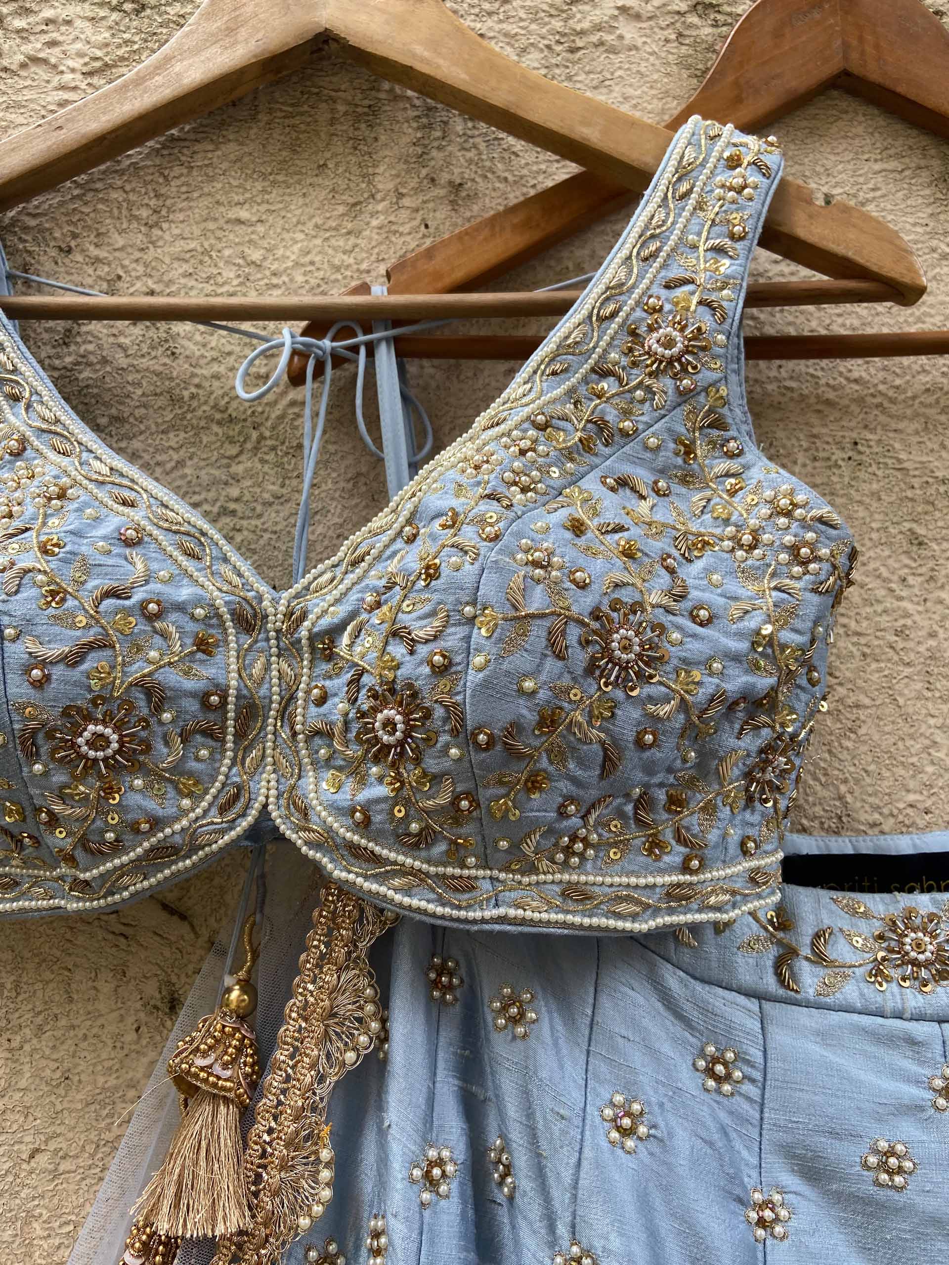 Powder Blue Bridal Embroidered Lehenga Set image 6