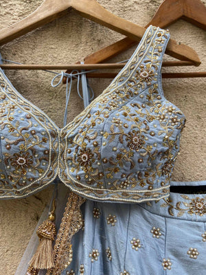 Powder Blue Bridal Embroidered Lehenga Set image 6
