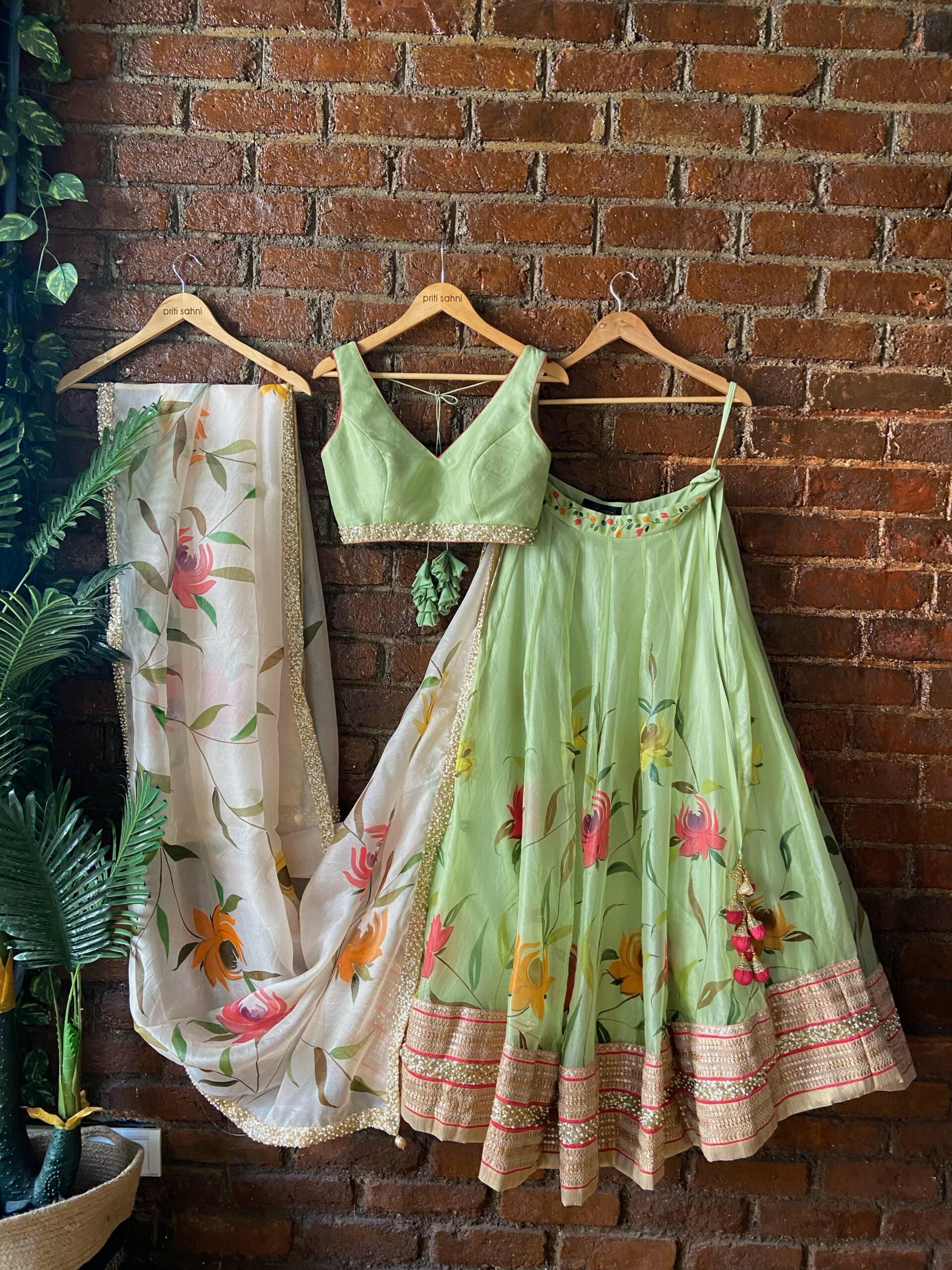 Mint Hand Painted Organza Lehenga Set image 0