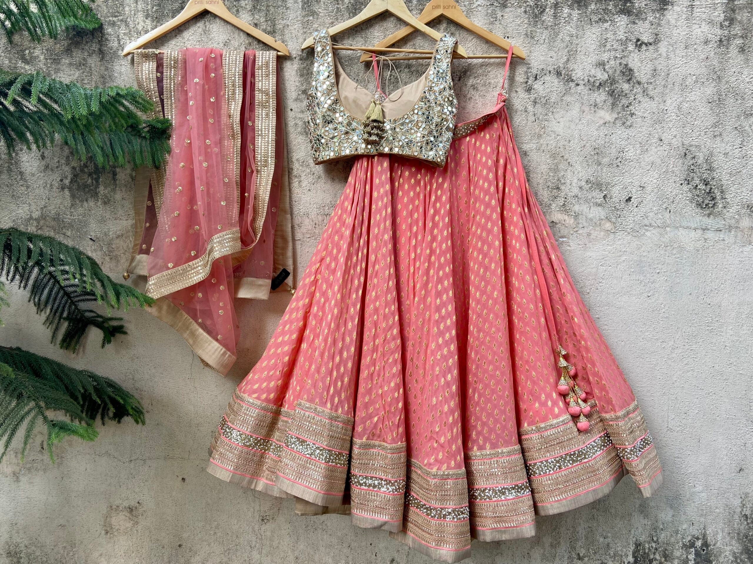 Coral and Beige Mirror Work Lehenga Set image 4